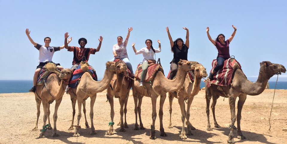 First Gen Abroad students on camels at the beach in Morocco